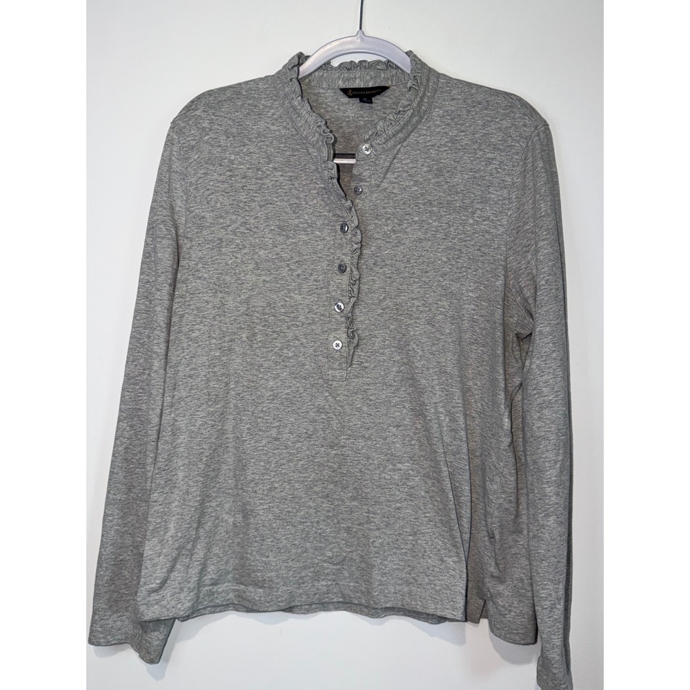 Brooks Brothers Grey Ruffle Trim Henley Long Sleeve Top XL Heathered Jersey